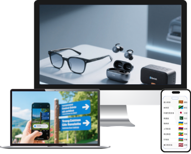 Lumina Smart AI translation glasses set with charging case and accessories for real-time interpretation