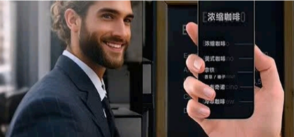 Businessman using Lumina Smart AI translation glasses to communicate in a professional environment