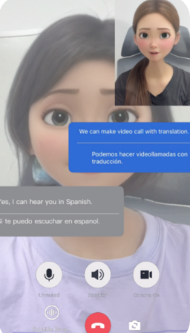 Lumina Smart AI translation glasses application screen showing avatar-based language interaction