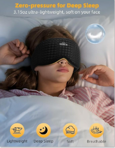 Woman sleeping peacefully wearing the Lumina 3D Bluetooth eye mask for total light blockage